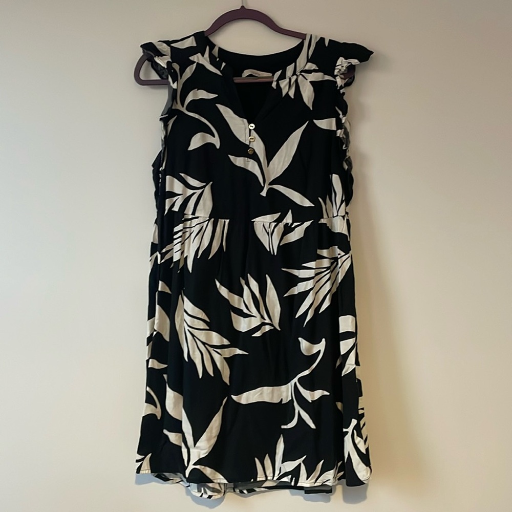 Loft Black Tunic Dress with Ruffle Sleeve and White Leaves Pattern